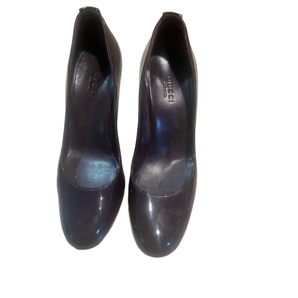 Gucci Dark Brown Patent Leather Wedge Heel Closed toe Italian Heels Size 6 12 B - Picture 1 of 11